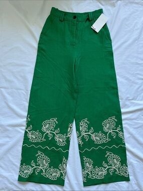 Zara Green Embroidered Wide-Leg Pants